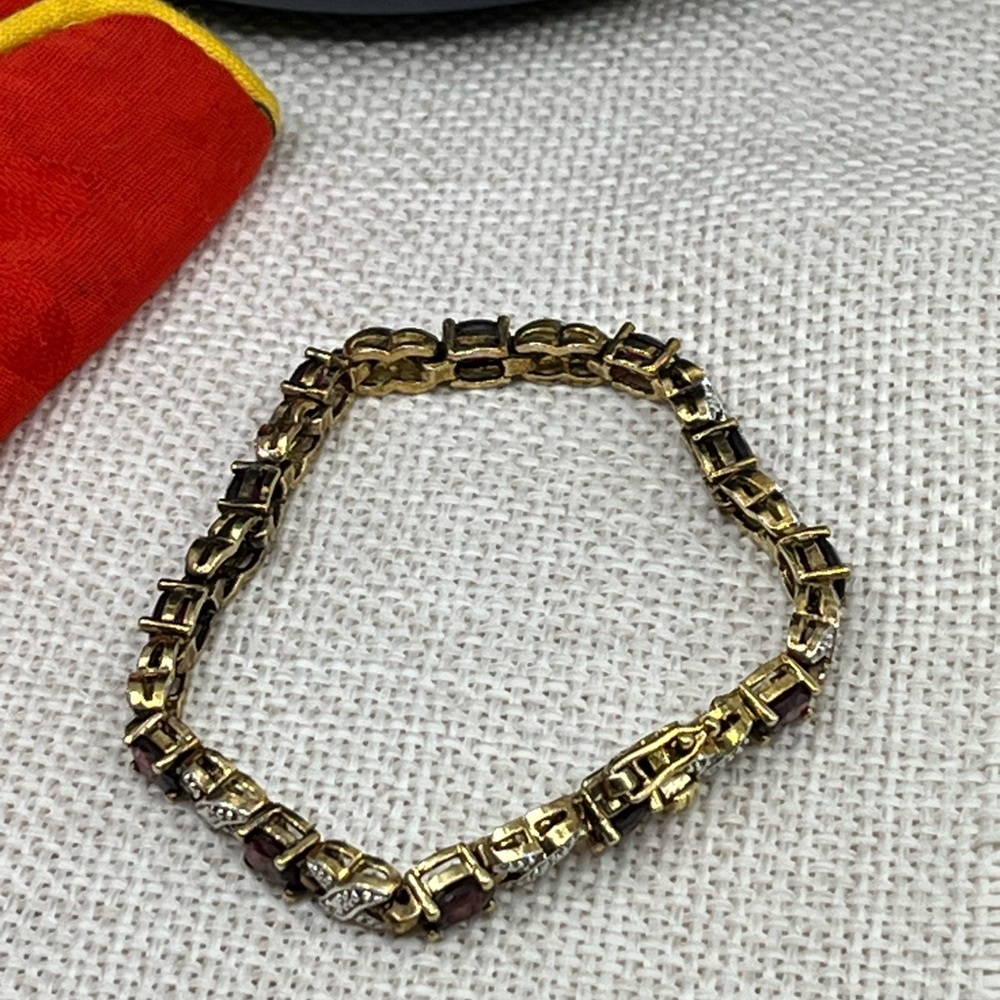 Vintage Sterling Silver 925 Garnet Bracelet 7.5” Estate 15.9g Two-Tone Design - Picture 8 of 17